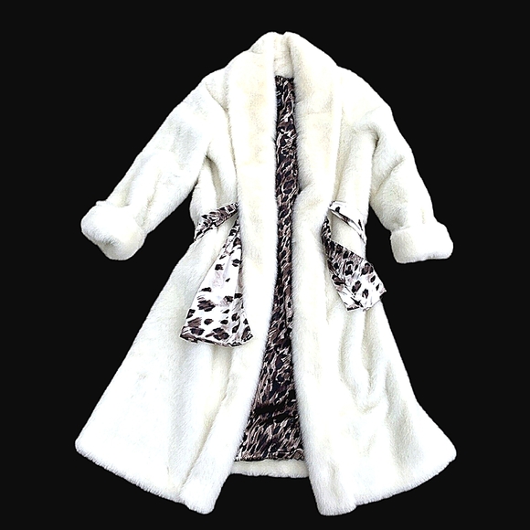 dennis basso Jackets & Blazers - BNWT Rare DENNIS BASSO White Fur Leopard Silky Lining Pea Coat Belt